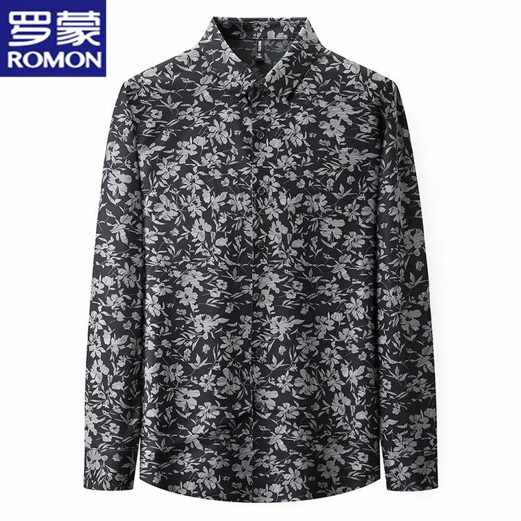 罗蒙新款中年无痕长袖男士衬衫免烫印花秋冬打底商务休闲上衣男装
