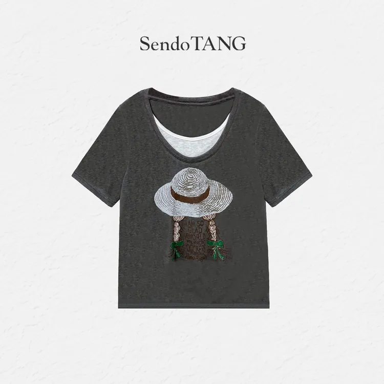 假两件【小草帽】胖多女装夏季新款休闲时尚宽松百搭T恤短袖上衣