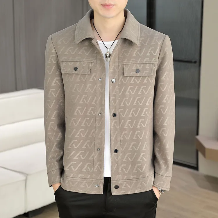 春秋季男士高端夹克2025新款潮流百搭翻领上衣高级感休闲提花外套