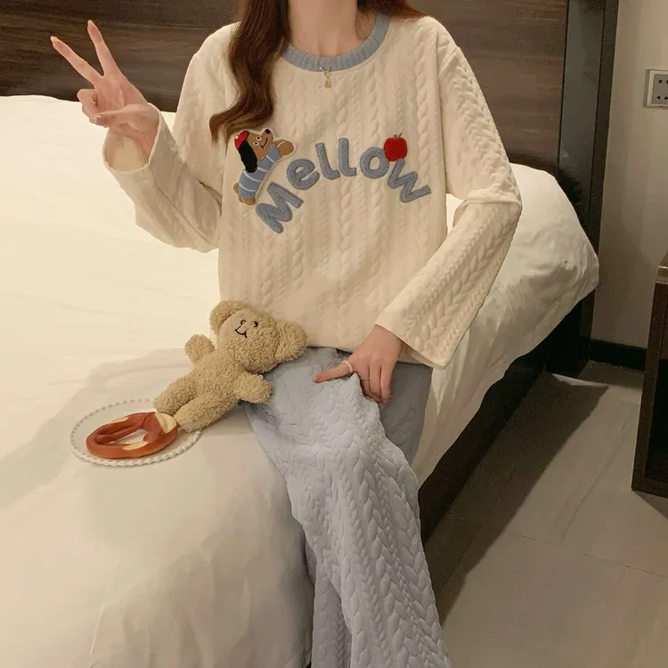 FAVMARTHA女童睡衣秋冬夹层空气棉保暖家居服初中生女孩大童青少