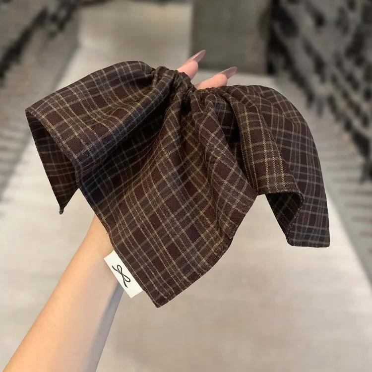 韩国英伦风复古早秋咖色格纹方巾肥肠圈大宽边显发量多弹力橡皮筋