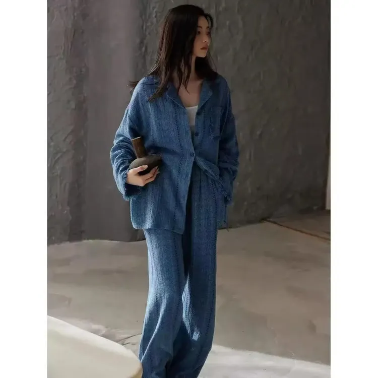 大码睡衣女款春秋泡泡棉长袖高级感女士可外穿时尚气质家居服套装