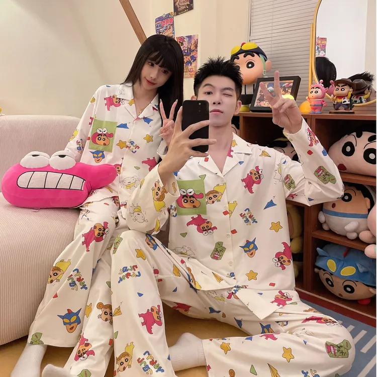 奥美诗嘉蜡笔小新联名情侣睡衣男秋季新款长袖长裤纯棉衣服家居服