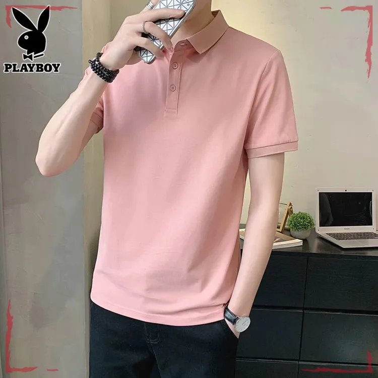 花花公子潮牌polo衫男士夏季粉红色潮流半袖衣服新款短袖t恤男BOY
