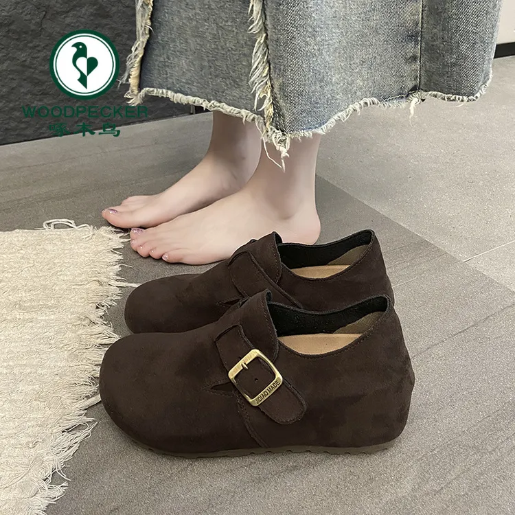 啄木鸟内增高勃肯鞋女2025新款秋季复古厚底单鞋丑萌豆豆鞋奶奶鞋