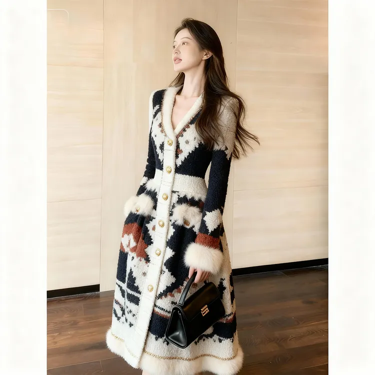 高级感小香风V领几何图案连衣裙女2025冬季新款轻熟优雅风长裙子