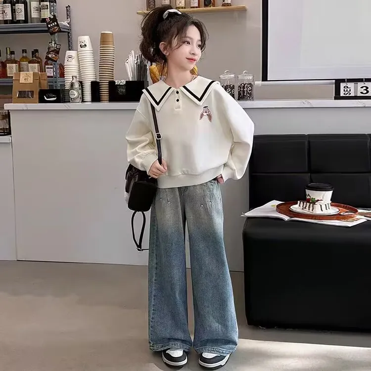 女童春秋套装2025新款女大童洋气童装海军领卫衣阔腿裤儿童两件套