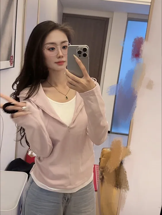 海军领德绒假两件撞色拉链连帽卫衣女秋冬修身掐腰显瘦长袖厚款