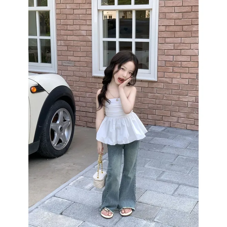女童夏装套装2025新款儿童韩版抹胸荷叶边背心宝宝百搭喇叭牛仔裤