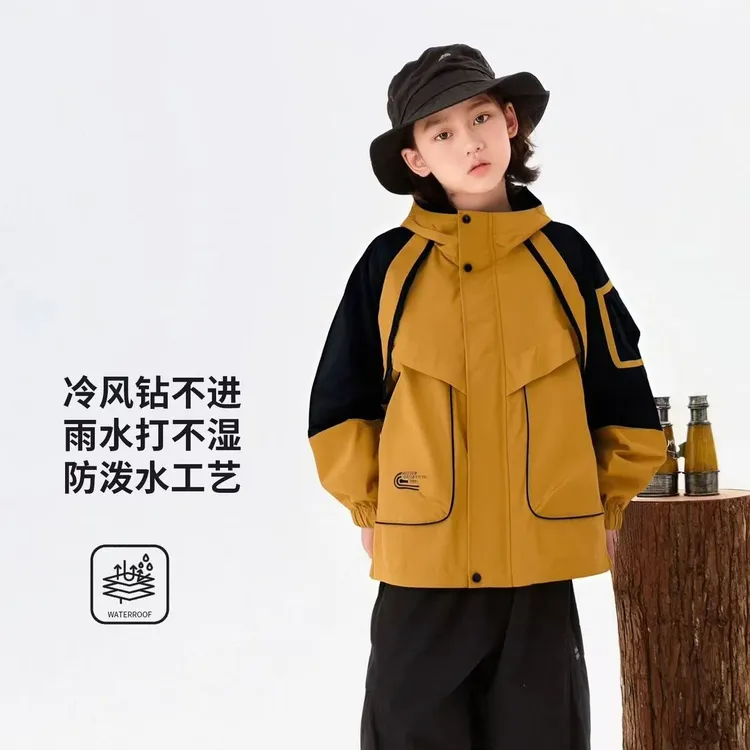男女童中大童拼接百搭连帽冲锋衣外套
