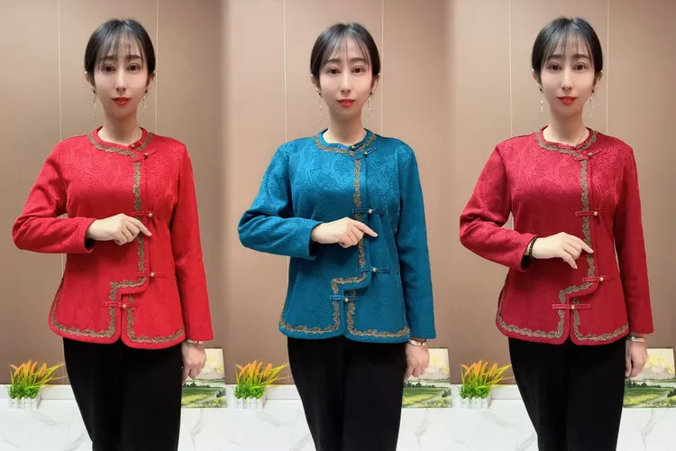 新款国风提花立领富贵连棉盘扣加绒上衣