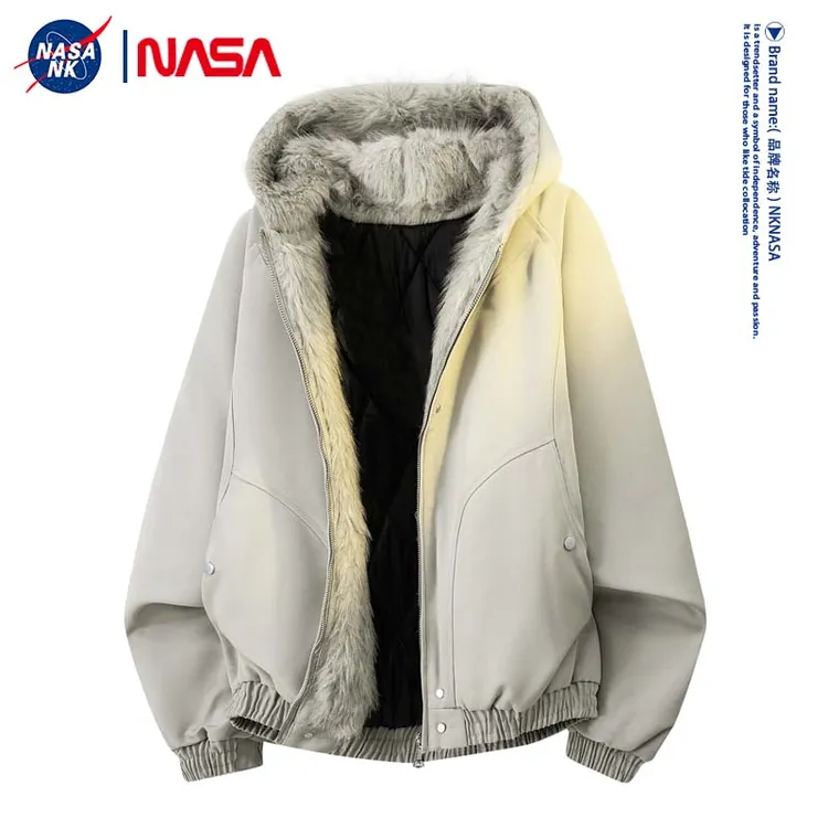 NASA联名冬季毛领座山雕纯色连帽棉服男士外套保暖高级感情侣棉衣