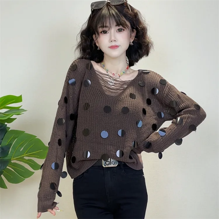 迪否法式亮片纯色针织衫2025秋季新款时尚百搭女士上衣2257