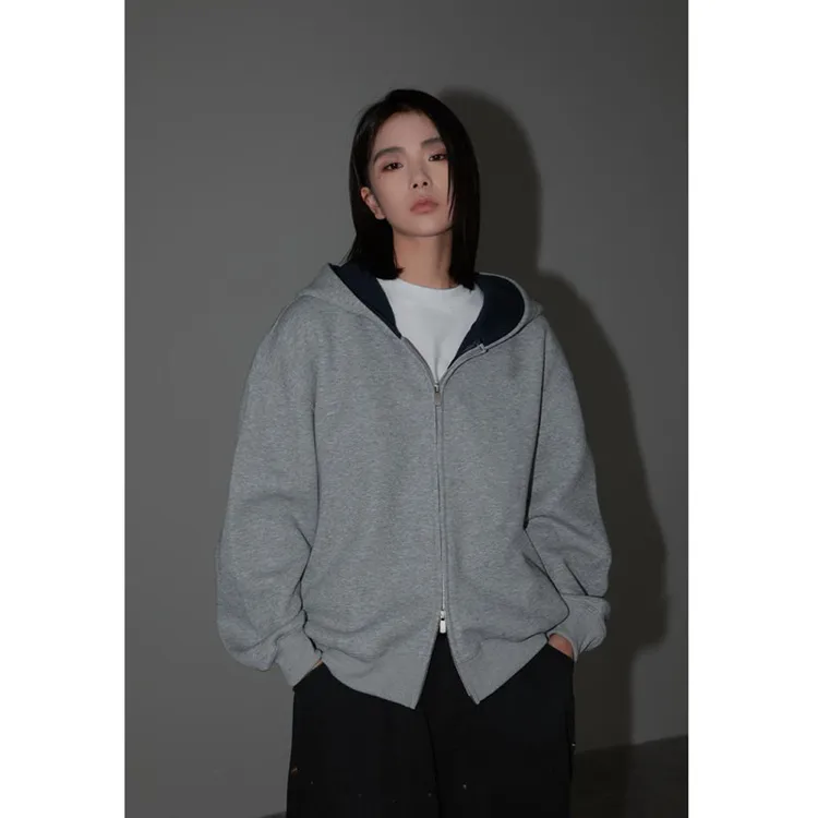 460G重磅拼色开衫卫衣男女同款连帽宽松休闲外套百搭运动情侣长袖