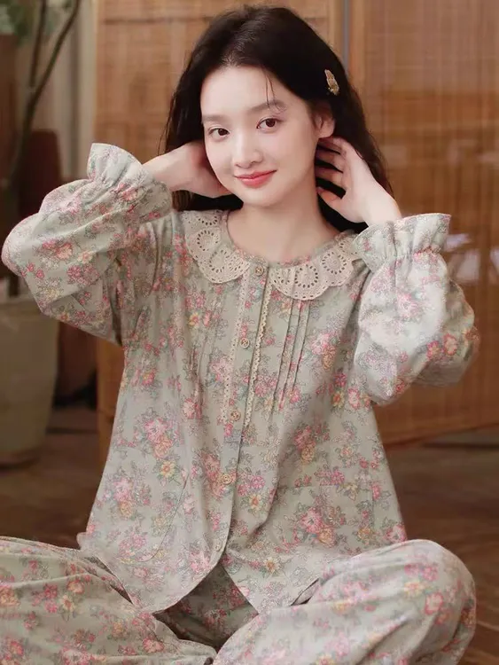 日系甜美睡衣女款小个子秋冬新款纯棉长袖可外穿冬款全棉家居服