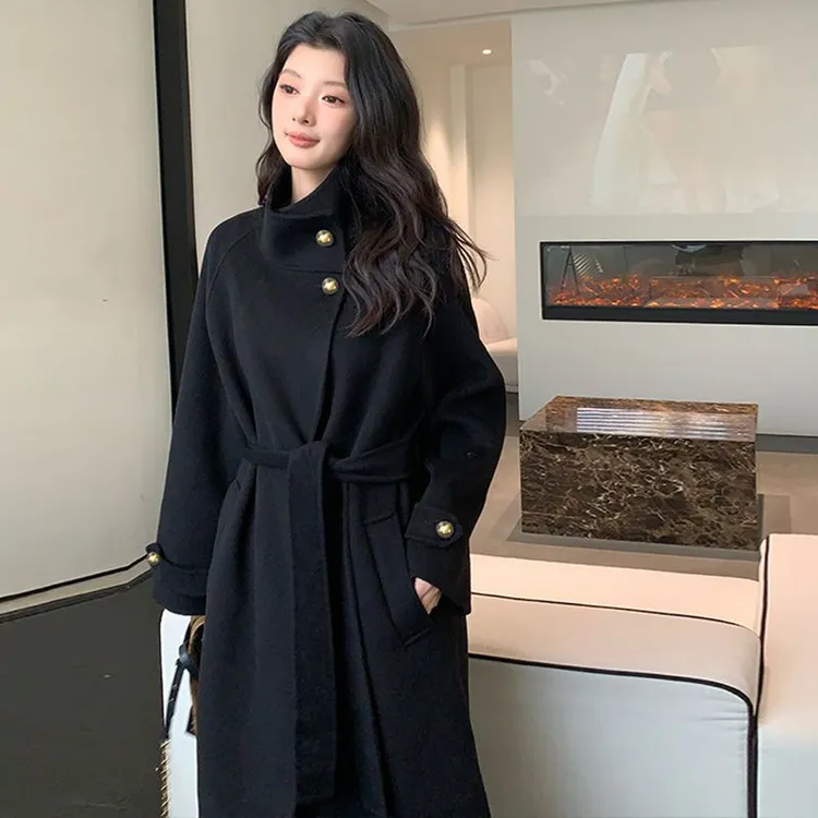 2025秋冬新款韩版立领双面毛呢大衣女中长款系带显瘦双面毛呢外套