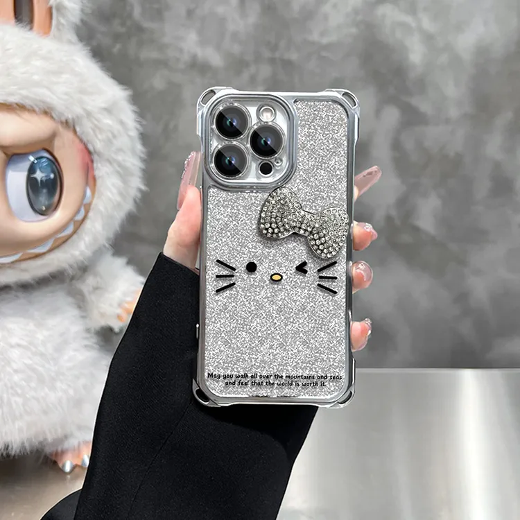 喵咪蝴蝶结适用苹果vivo华为oppo小米iPhone16电镀四角挂绳手机壳