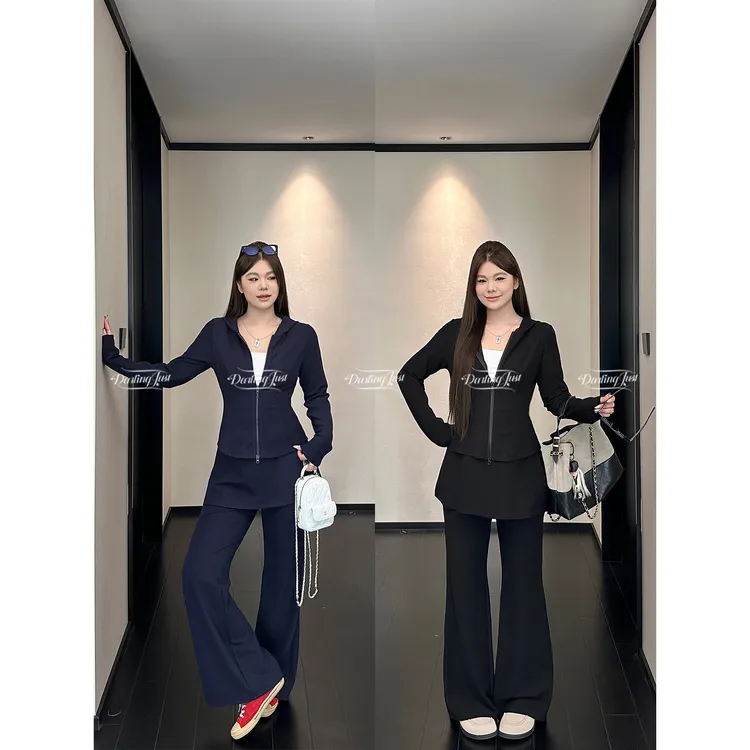 DarlingJust小野墩墩[火柴人套装]显瘦连帽上衣+微喇休闲长裤套装