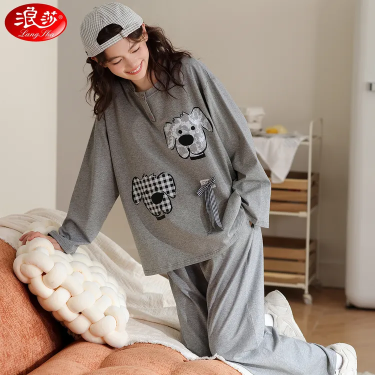 浪莎睡衣女春秋款纯棉长袖卡通可爱大码休闲少女秋冬季家居服套装