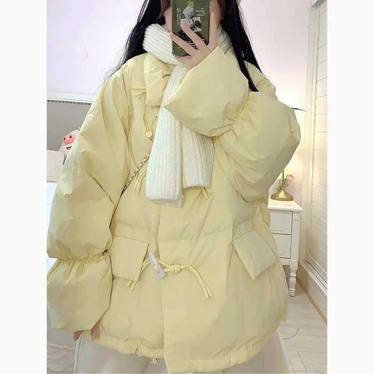 立领韩系温柔风牛角扣棉服外套女冬季新款宽松立领保暖面包服棉衣