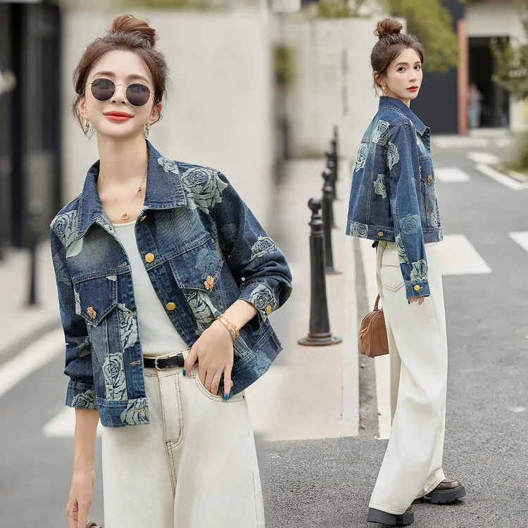 复古印花牛仔外套女2025秋新款设计感洋气小个子百搭休闲夹克上衣