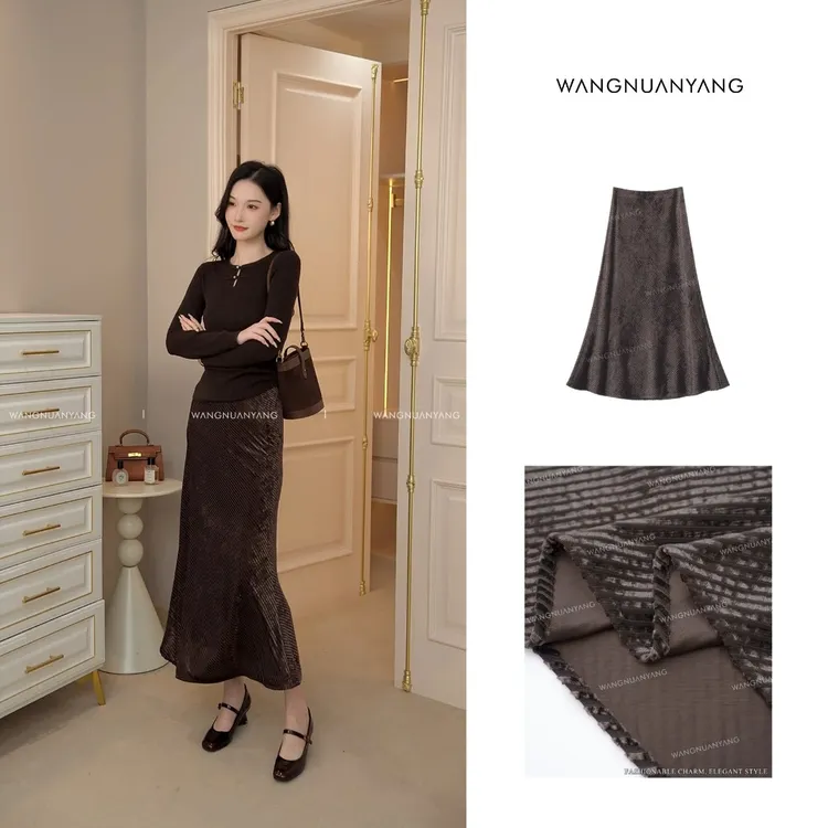 【王暖阳】金棕流光（加绒版）|亮闪闪斜条纹丝绒气质显瘦加厚鱼尾裙