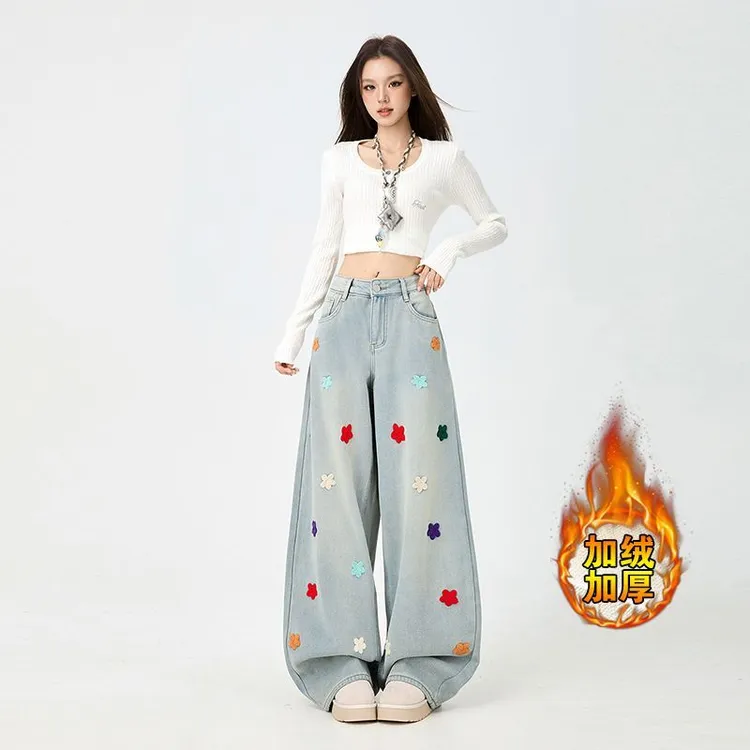 圣诞刺绣阔腿高腰裤牛仔裤直筒裤宽松显瘦拖地加绒加厚裤子