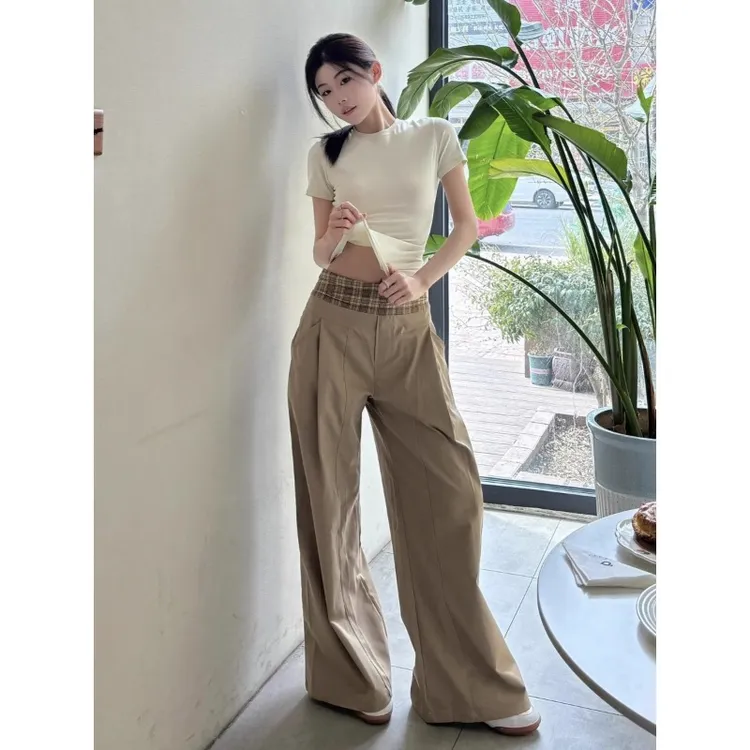 港风卡其色高腰拼接格纹长裤套装女夏季新款垂坠慵懒风休闲两件套