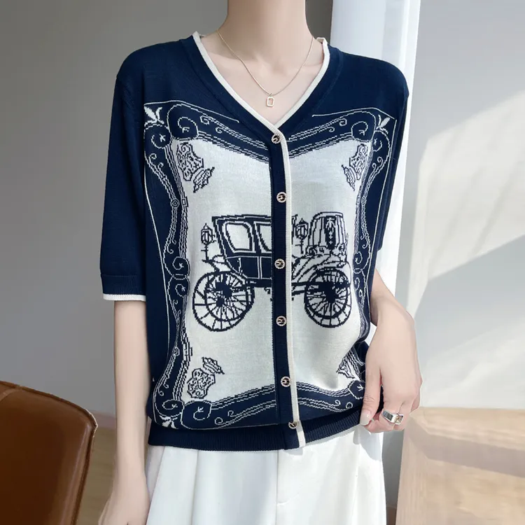 夏季新款女士天丝莱赛尔针织拼色时尚开衫短袖T恤半袖上衣洋气