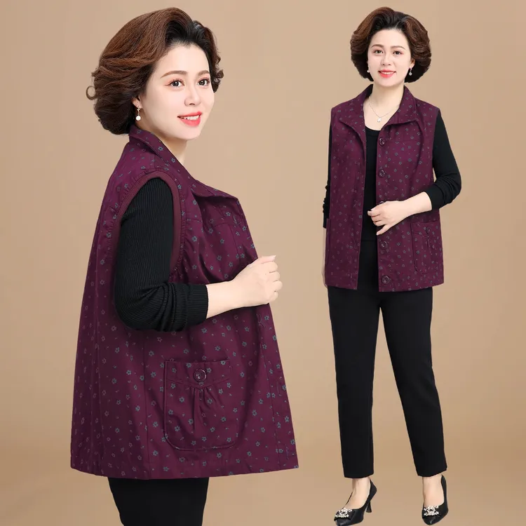 中老年妈妈春秋款纯棉马夹宽松大码时尚坎肩背心翻领印花马甲奶奶