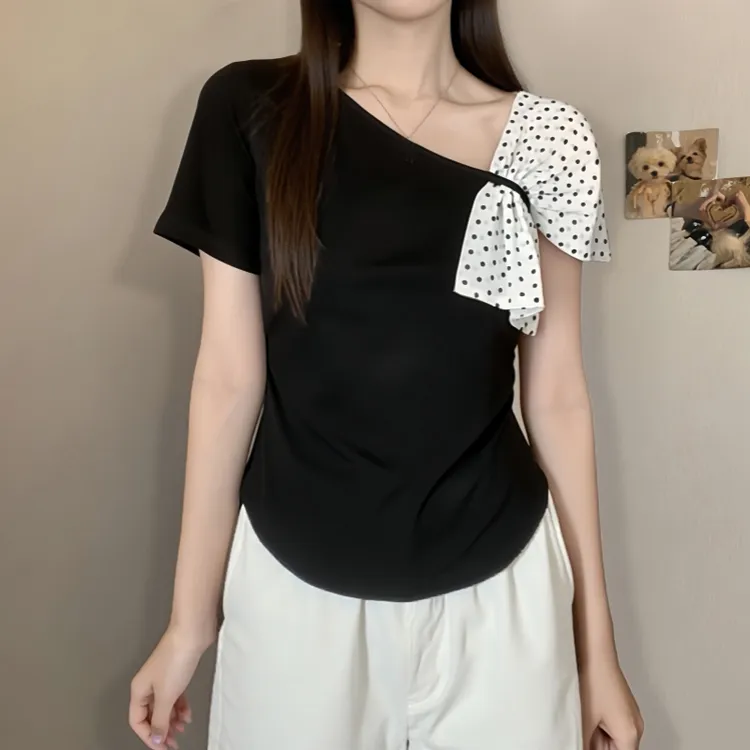 大码胖mm纯欲风波点拼接蝴蝶结短袖T恤女夏季不规则修身露肩上衣