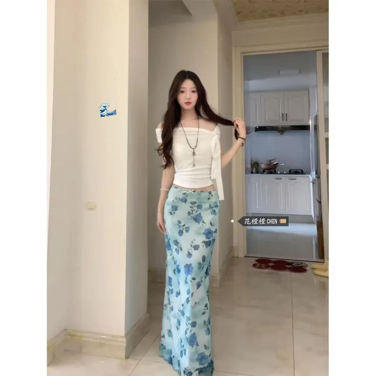 老钱风松弛感女装贵气K纯欲风一字肩绑带短袖T恤上衣套装女夏度假