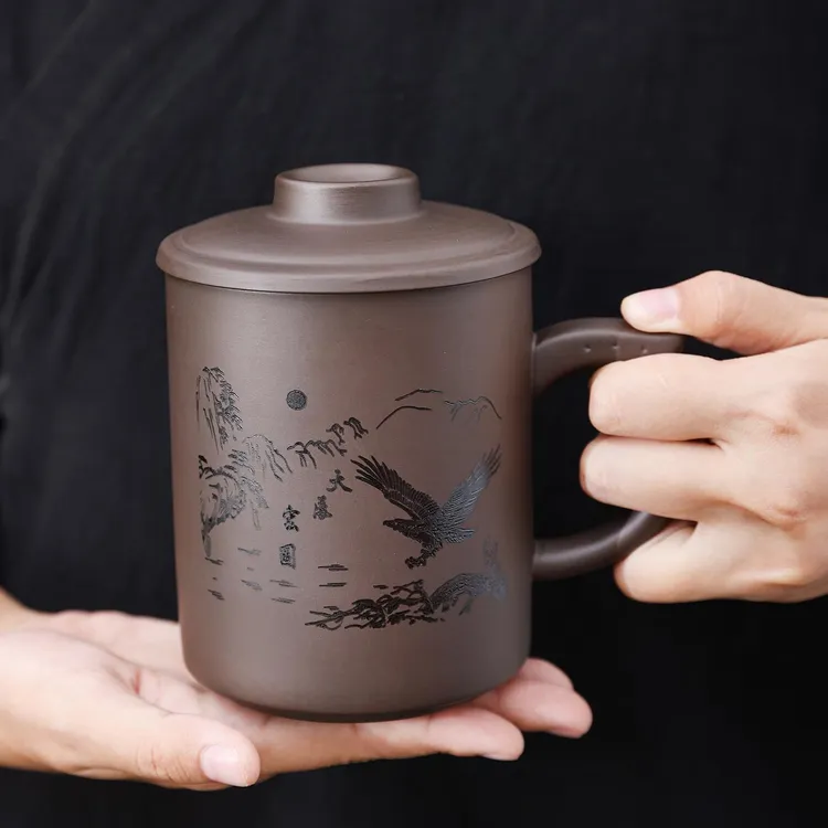 原矿紫砂茶杯刻字家用办公室泡茶杯男士带盖大容量杯子水杯定制