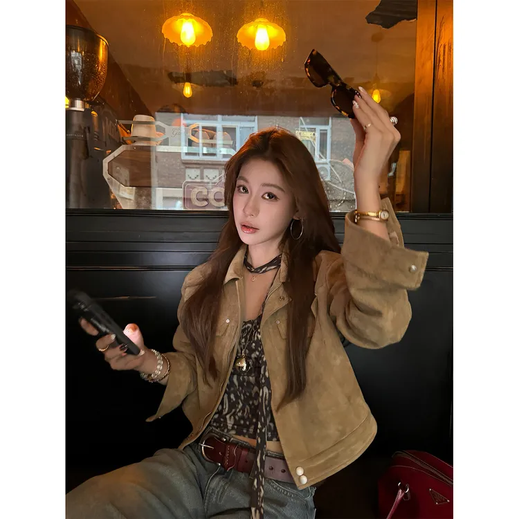 番茄妹妹Tomatosister 旷野玩家-短款麂皮皮衣秋复古气质翻领外套