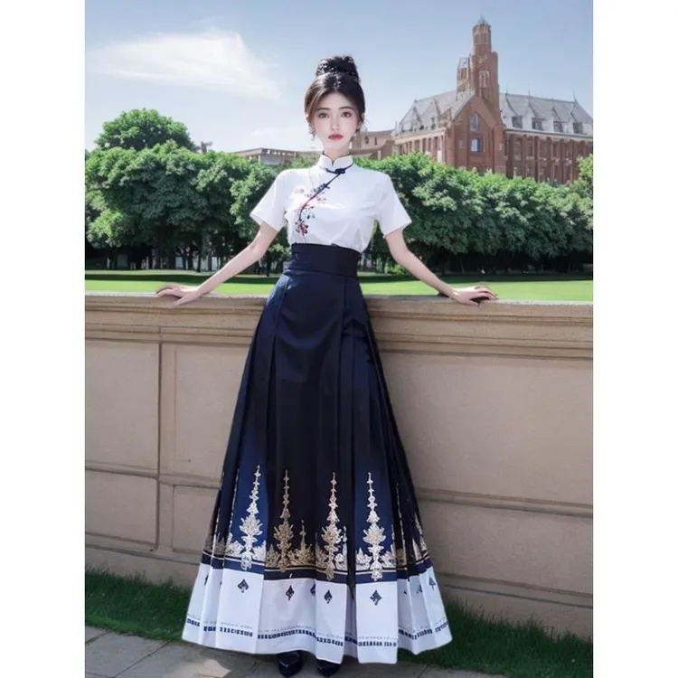 新中式国风百搭汉元素马面裙套装日常清新绣花汉服女2024新款夏季