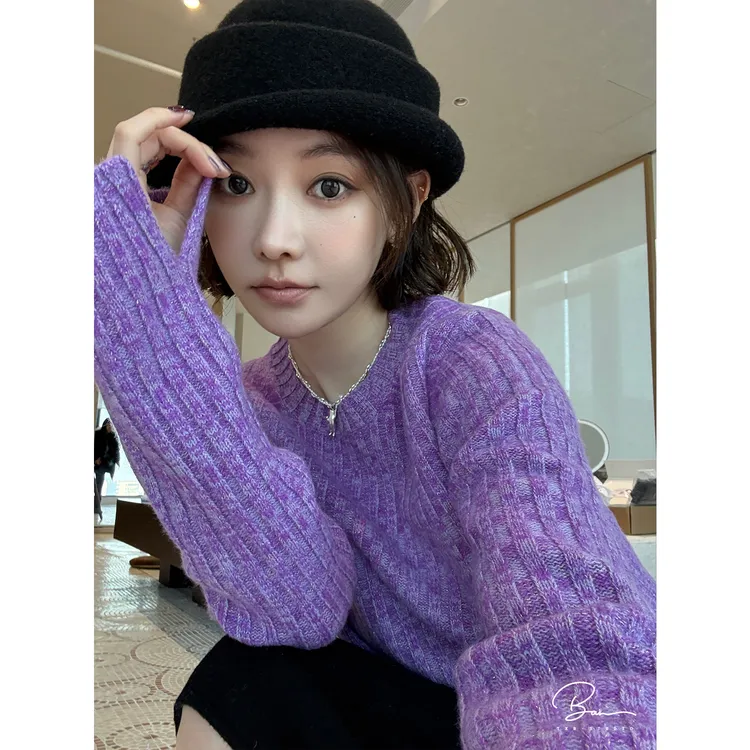 TXB “S+莫奈奢紫”进口山羊绒混纺金线舒适轻奢开叉针织衫XB-7989