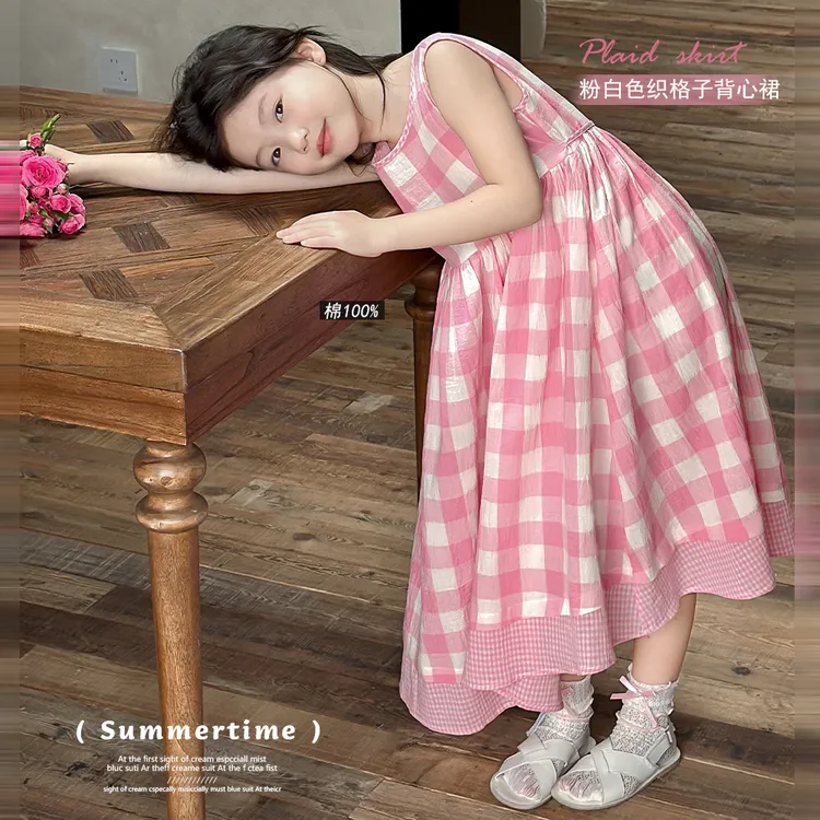 女童连衣裙2025新款纯棉格子无袖夏季儿童装长款裙子小女孩公主裙
