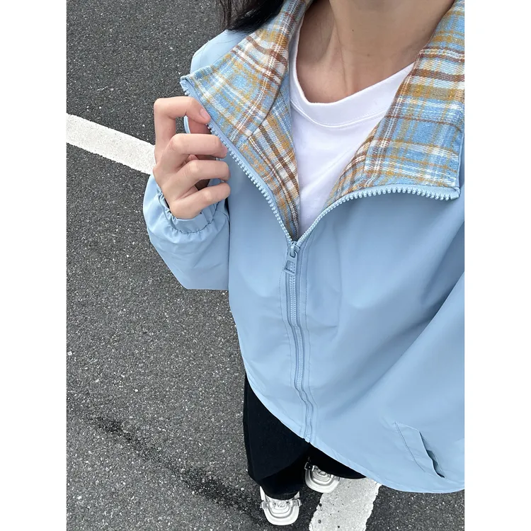 fitcheck格子拼接夹克男春秋复古设计感无帽上衣美式翻领情侣外套