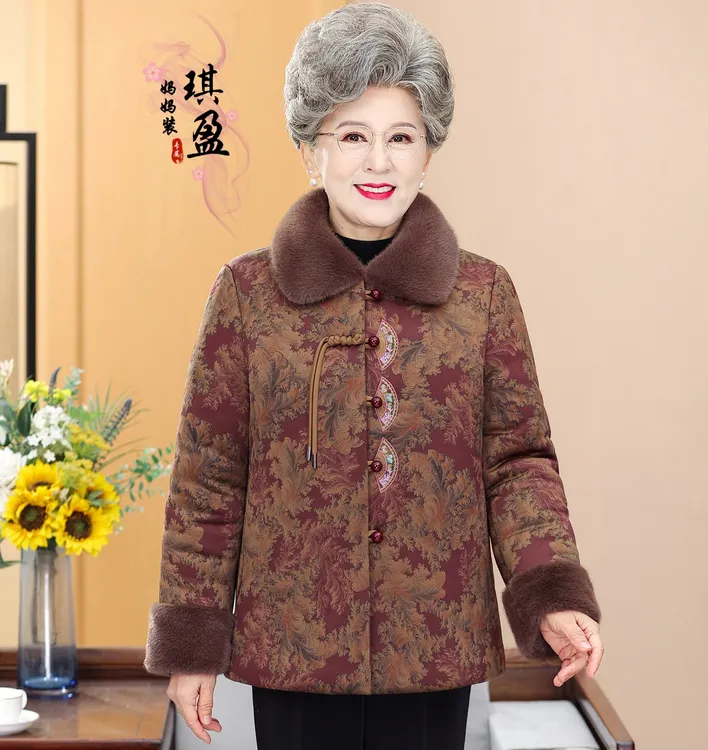 奶奶毛领棉袄加绒加厚中老年人保暖棉衣服女60岁小个子妈妈外套冬