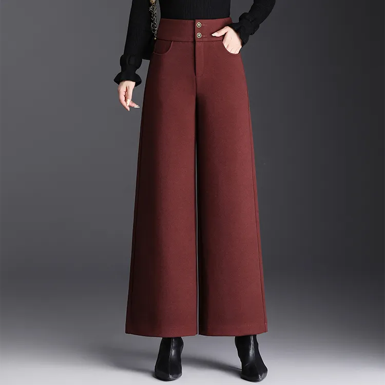 秋冬垂感宽松毛呢阔腿裤女百搭九分裤高腰显瘦长裤直筒休闲裤子