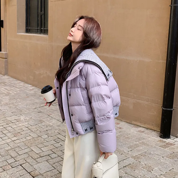 紫色针织领拼接小香风款羽绒服2024新款女冬超好看小个子短款外套