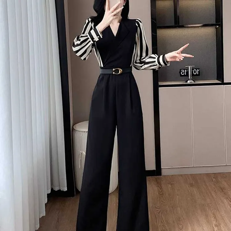 【送腰带】2025春季新款气质通勤条纹拼接高腰系带连体裤女D0522