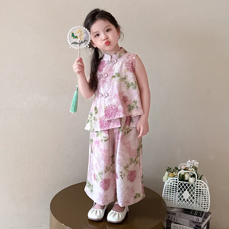 汉服女童国风套装夏季超仙古装演出服中式儿童碎花背心唐装两件套