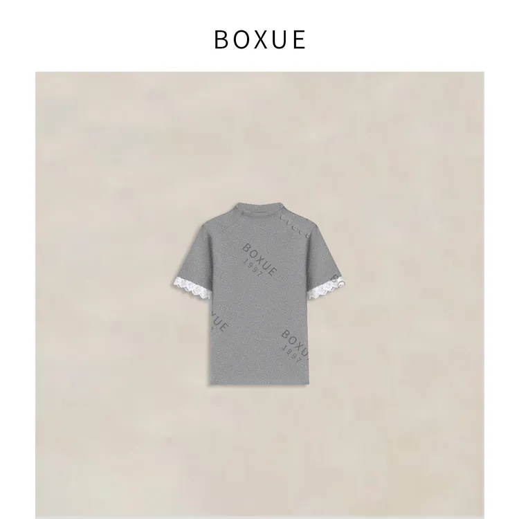 BOXUE”初晴”2025春季新款高级感拼接蕾丝轻奢 T恤#250308T902