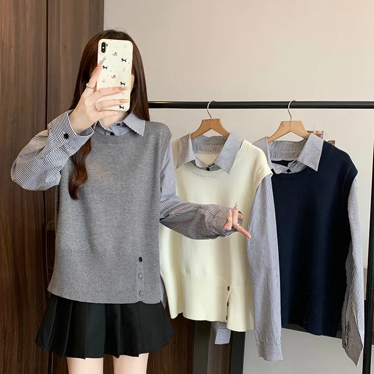 秋款大码胖mm假两件毛衣新款拼接条纹下摆开扣针织衫上衣女72078
