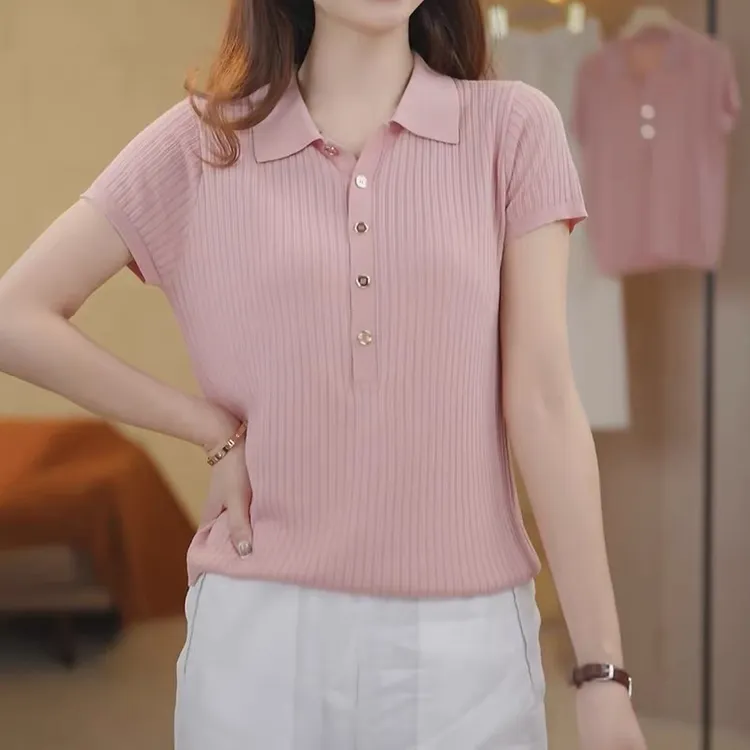 POLO领百搭冰丝薄款针织衫短袖T恤女夏新款显瘦简约纯色大码上衣