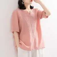 【清货+运费险】棉麻衬衫女文艺宽松套头刺绣t恤女绣花上衣潮XK28