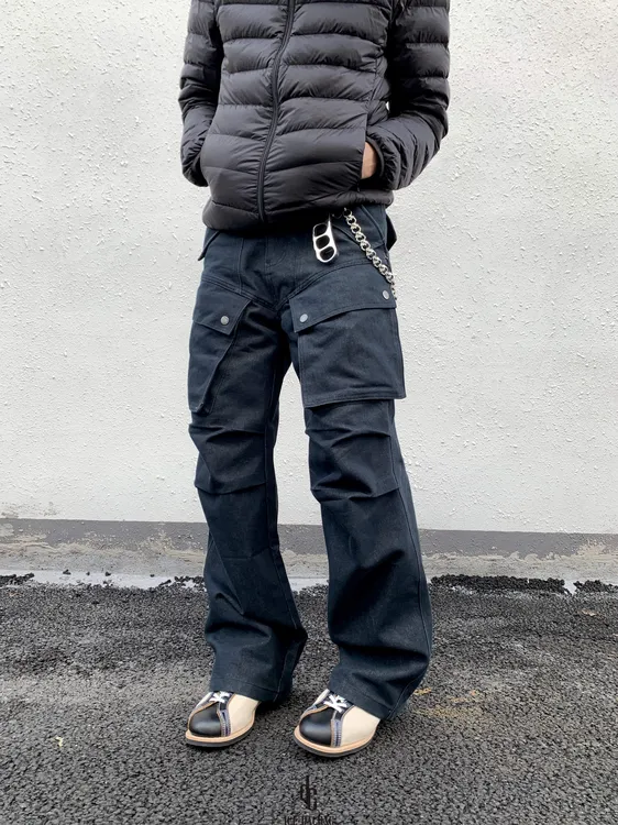 大葱美式复古水洗多口袋褶皱工装裤男女vibe高街宽松直筒休闲裤