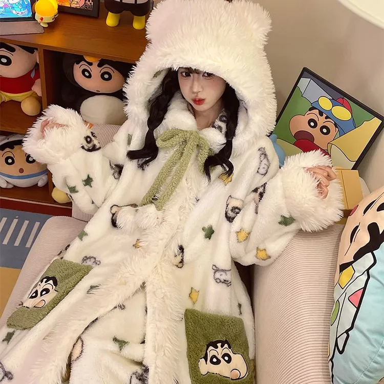 【蜡笔小新联名】珊瑚绒睡袍女秋冬季加厚加绒睡衣女家居服套装连帽