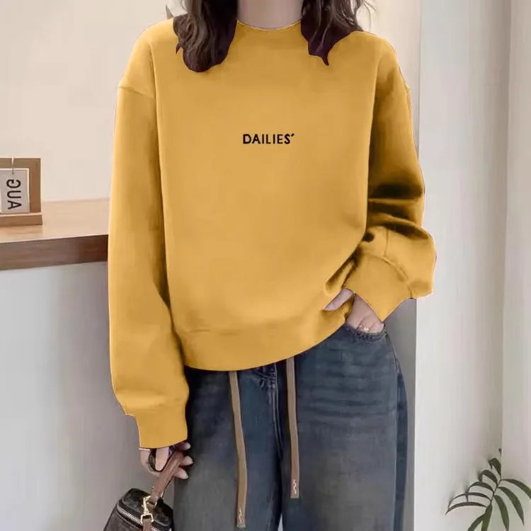 胖mm时尚百搭卫衣女秋冬季韩版宽松大码字母印花休闲圆领加绒上衣